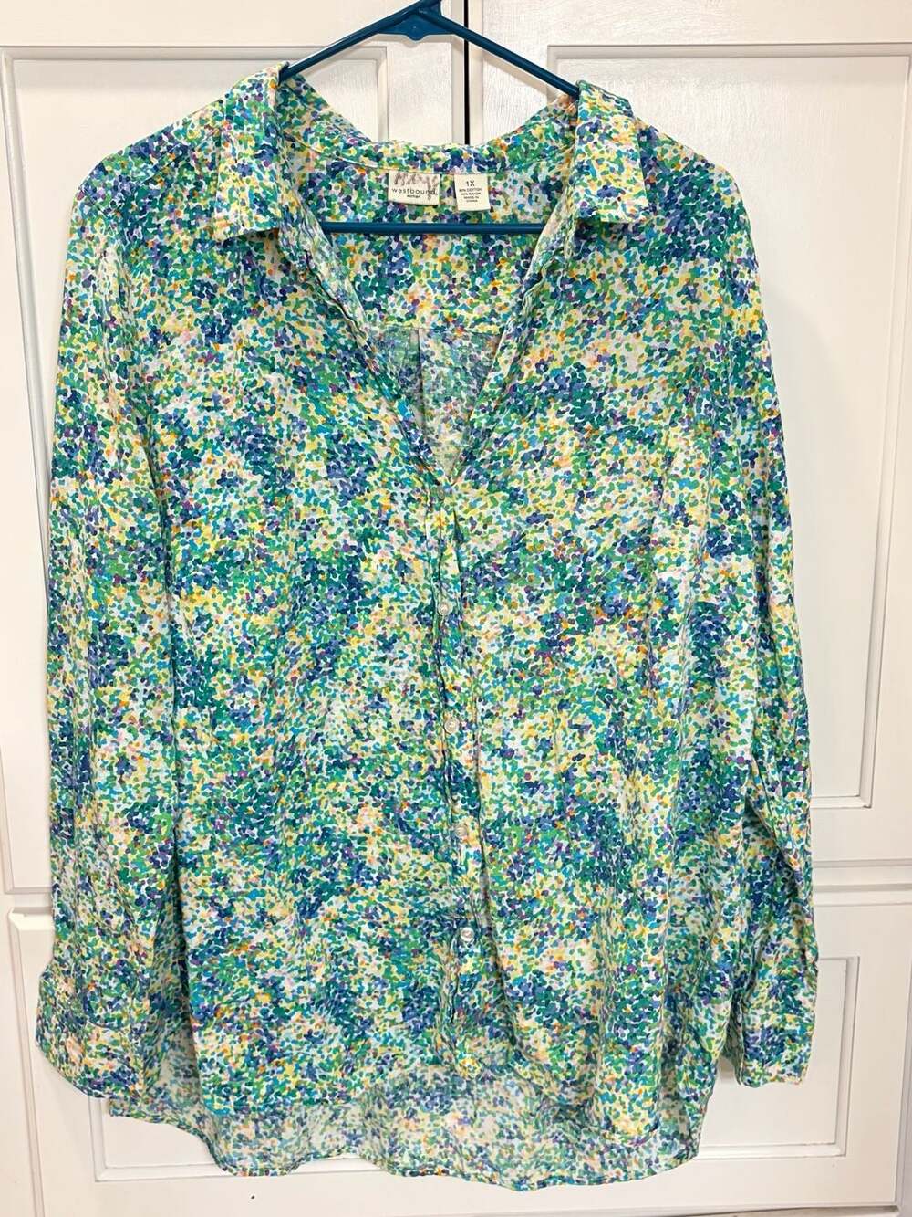 Westbound Woman Green Multi Speckled Print Long Sleeve Button-Down Shirt 1X